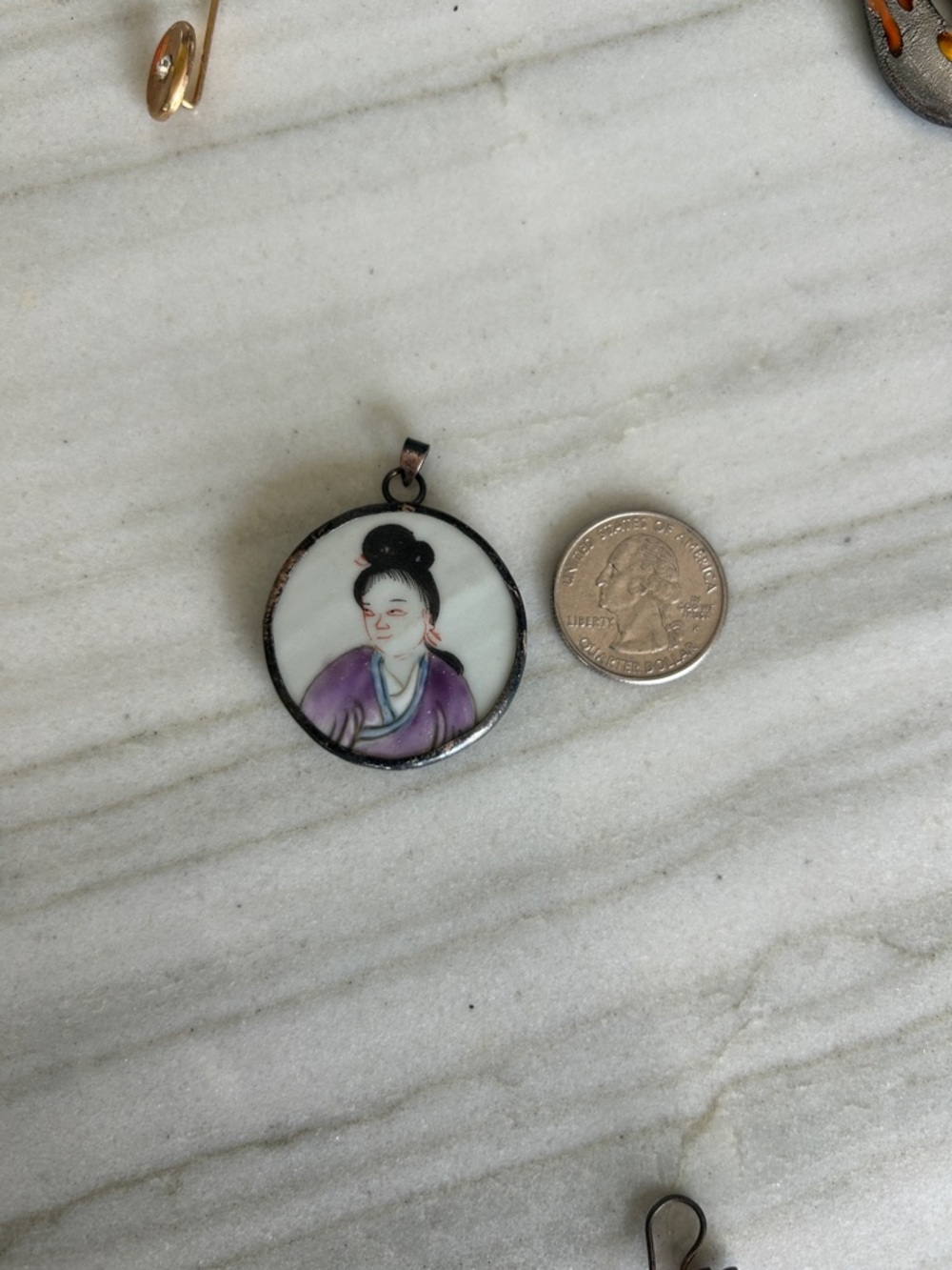 Hand-Painted Asian Portrait Pendant Necklace - Purple
